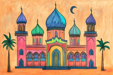 mosque, illustration, architecture, religion, design, minaret, landmark, building, travel, heritage, india, spirituality, dome, sky, vector, asia, culture, historical building, crescent moon, artwork,