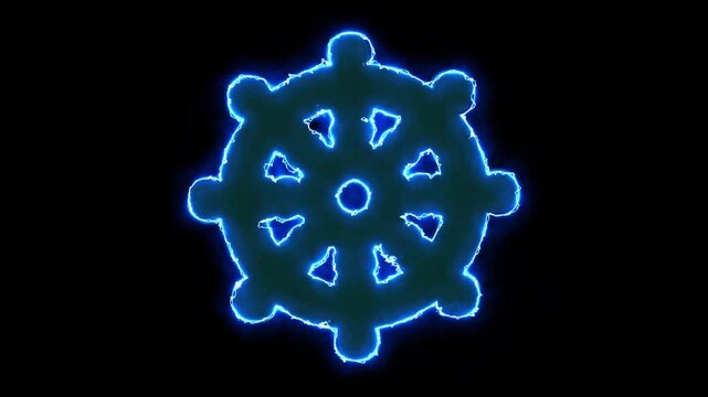3D render of the Dharma Wheel rolloing with a black background.