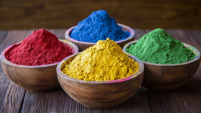 Colorful powdered pigments in bowls, often used for art and festivals.