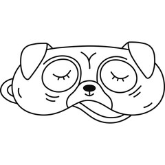 Cute doodle sleeping mask in the shape of pug head. Funny childish animal eye mask with dog. Hand drawn outline bedtime clothing for comfort dreaming. Night accessory isolated on white background.