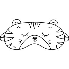 Cute line sleeping mask in the shape of tiger head. Funny childish animal eye mask with big cat. Hand drawn doodle sweet dreams accessory for comfort relaxation isolated on white background.