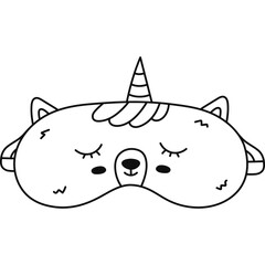 Cute doodle sleeping mask with unicorn with horn. Funny childish eye mask with head of magical creature. Hand drawn outline bedtime accessory for comfortable dreaming isolated on white background.