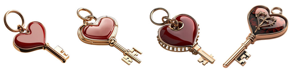Valentines concept. on transparent background. Heart-shaped keys in various designs on a black background.
