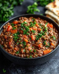 A hearty lentil stew garnished with fresh herbs, served with bread.
