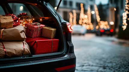 A packed car trunk with bags of holiday treasures: shiny red and gold baubles, LED stars, festive wrapping paper, and a stack of gifts, framed by a wintery parking lot scene.