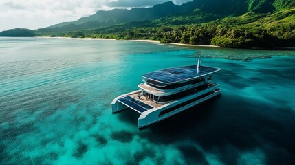 Obraz premium Solar-powered catamaran yacht at tropical island.