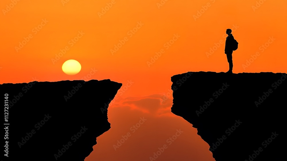 Poster silhouette of a person standing on the edge of a cliff at sunset overlooking a calm water reflection