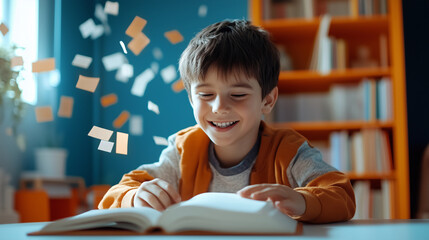 A cozy reading nook where a young boy leans over an open book, smiling as floating letters hover around, signifying the personalized strategies for literacy development.