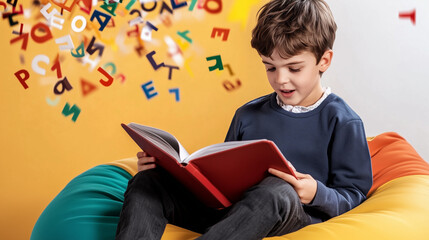 A young boy reading intently on a colorful beanbag, with letters floating upward like bubbles, representing the playful and innovative approaches to dyslexia support.