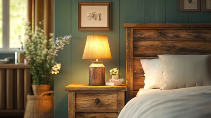 Rustic Charm in French Country Bedroom with Bedside Lamp and Wood Headboard