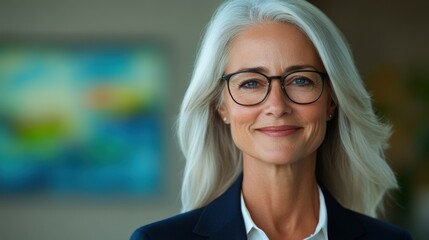 Confident businesswoman with silver hair smiling warmly