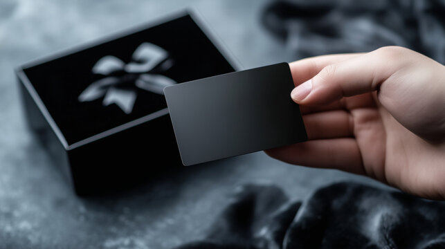 A black gift card with a glossy finish, held by a hand above a velvet-lined gift box, exuding sophistication and versatility.