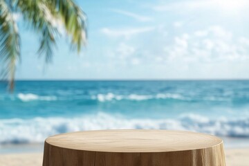 Empty wooden podium displaying products on beautiful tropical beach with palm tree, ocean, and blue sky providing ideal backdrop for showcasing summer essentials