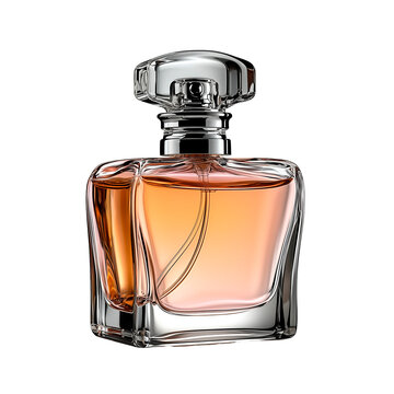 Transparent glass perfume bottle with golden cap isolated on white background: Elegant glass perfume bottle with smooth golden cap filled with light blue scent exuding sophistication isolated on white