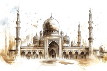 Obraz premium mosque, illustration, architecture, religion, design, minaret, landmark, building, travel, heritage, india, spirituality, dome, sky, vector, asia, culture, historical building, crescent moon, artwork,
