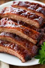 Deliciously glazed barbecue ribs ready for serving at dinner