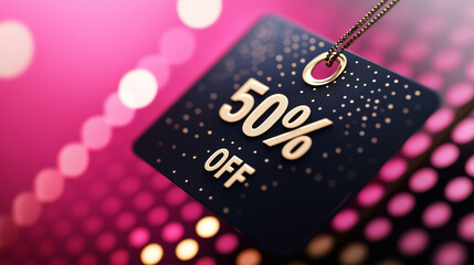 A modern black price tag featuring eye-catching gold "50% OFF" typography, layered over a vibrant pink and gold dotted design perfect for seasonal sales.
