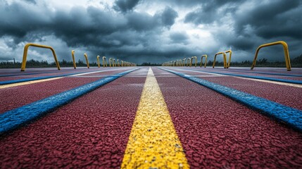 A low angle detail shot view of a running track under moody cloudy sky
