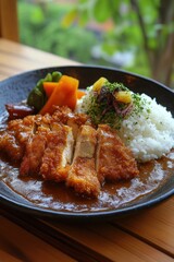 A plate of curry with crispy chicken, rice, and vegetables, beautifully presented.