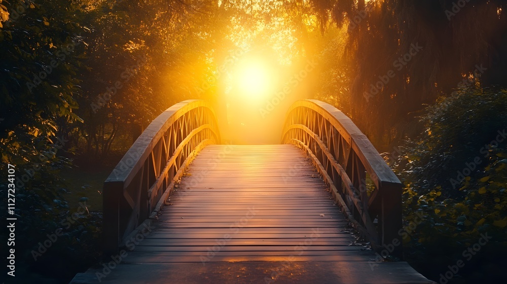 Poster Serene Wooden Bridge Surrounded by Lush Greenery in a Tranquil Morning Glow with Soft Sunlight Filtering Through Trees in a Peaceful Park Setting