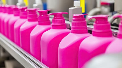 Bright pink shampoo bottles move along the production line in a factory, showcasing the efficient process of filling and preparing products for shipment