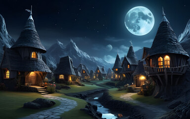 Fototapeta premium An enchanted village on the dark side of the moon