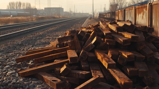 Brown railroad ties piled up next to active train tracks