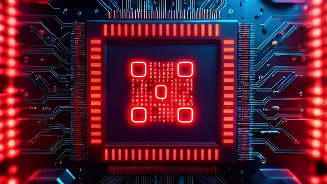 A futuristic circuit board featuring a glowing red chip at its center.
