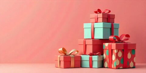 Obraz premium Stack of Colorful Gift Boxes on a Pink Background