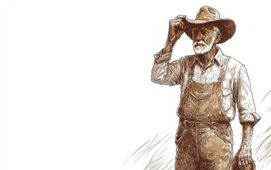 Fototapeta premium A brown ink vintage illustration of an old farmer in overalls, holding his hat with one hand and looking ahead, drawn with detailed shading and textures