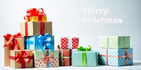 Stack of Colorful Gift Boxes with Merry Christmas Greeting