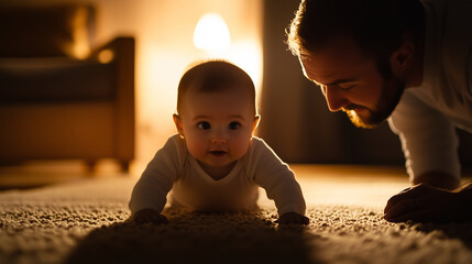 A tender image of a babyâs first steps on a soft carpet, her joyful expression mirrored by a parentâs proud gaze, with soft light enhancing the emotional tone.