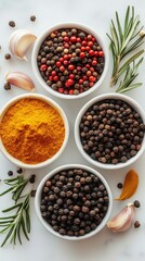Spices scattered on the table, white surface