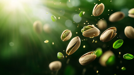 Close-up pistachios in mid-air, illuminated by soft, natural light, their cracked shells and green kernels embodying freshness and organic quality.