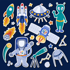 Cute cartoon sticker set about cosmos, astronomy for planners, notebooks. Ready for print list of childish stickers with clipart of astronaut, asteroid, spaceship, satellite, alien. Diary decoration.