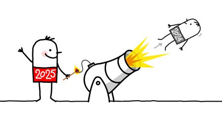 Cartoon 2025 Man with a Cannon and Fire, and a small ejected 2024 guy
