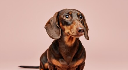 Charming dachshund against soft pink background for pet lovers and animal enthusiasts