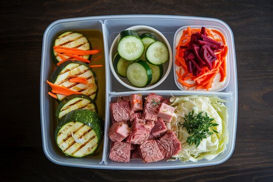 A photo of a rectangular plastic box containing various food items