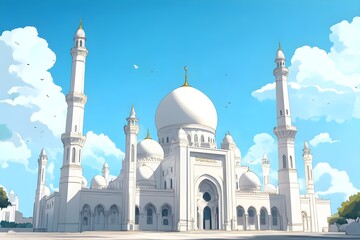 Obraz premium mosque, illustration, architecture, religion, design, minaret, landmark, building, travel, heritage, india, spirituality, dome, sky, vector, asia, culture, historical building, crescent moon, artwork,