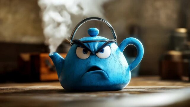 A blue teapot with an angry expression releasing steam in a cozy kitchen setting.