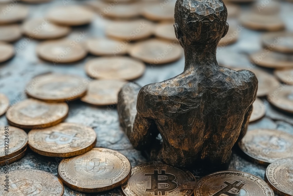 Poster innovative digital finance concept with a man and bitcoin tokens forming an abstract storytelling ba