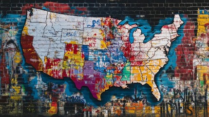 Colorful USA Map Art Against a Brick Wall - A Vibrant and Creative Interpretation of the United States
