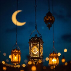 Obraz premium A row of lanterns with a crescent moon in the background, lantern for islamic ramadan celebration