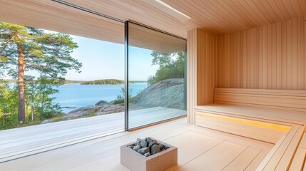 Fototapeta premium Scandinavian Sauna with Glass Wall Overlooking Nature
