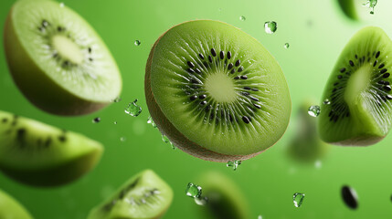 Kiwi slices appearing to hover in mid-air, their bright green tones and intricate black seeds sharply detailed against a clean, minimal studio backdrop.