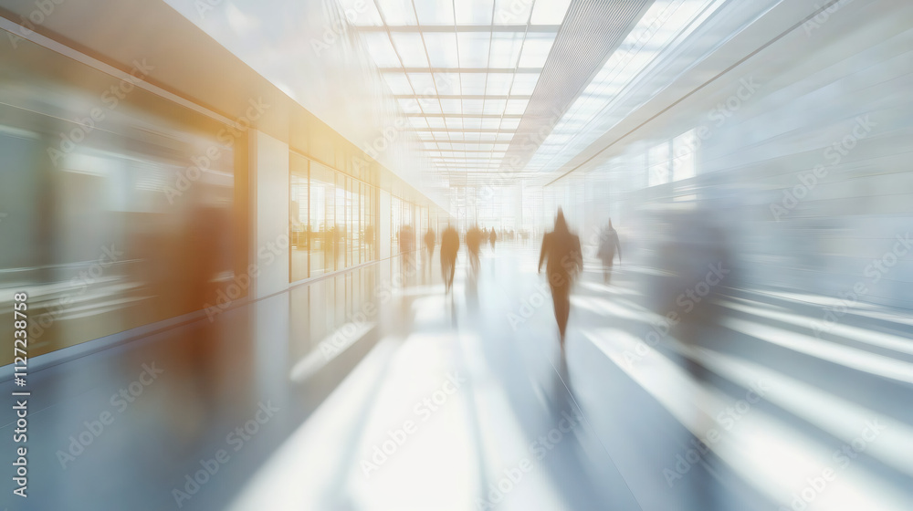 Poster business people are walking in a modern office corridor with motion blur effect suggesting speed and