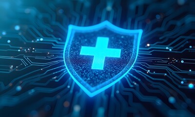 3D medical circuit board icon with cross symbol for health and technology design, Generative Ai