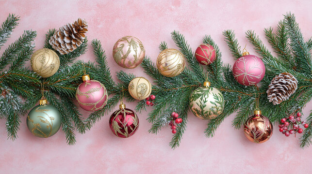 Christmas card with brightly colored balls and a branch of a Christmas tree. Christmas card with space for inscription.