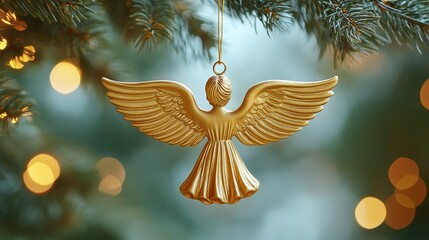 Golden angel ornament hanging on a christmas tree branch