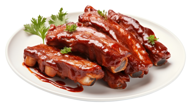 PNG  Plate of cut baby back ribs with barbecue sauce plate meat food